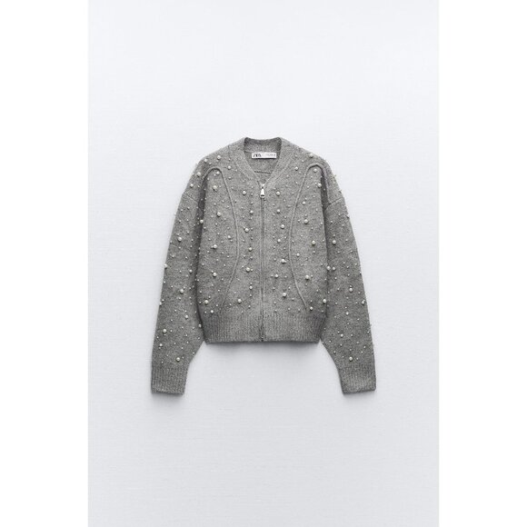 Zara Grey Pearl-Embellished Bomber Zip Cardigan - Picture 6 of 10
